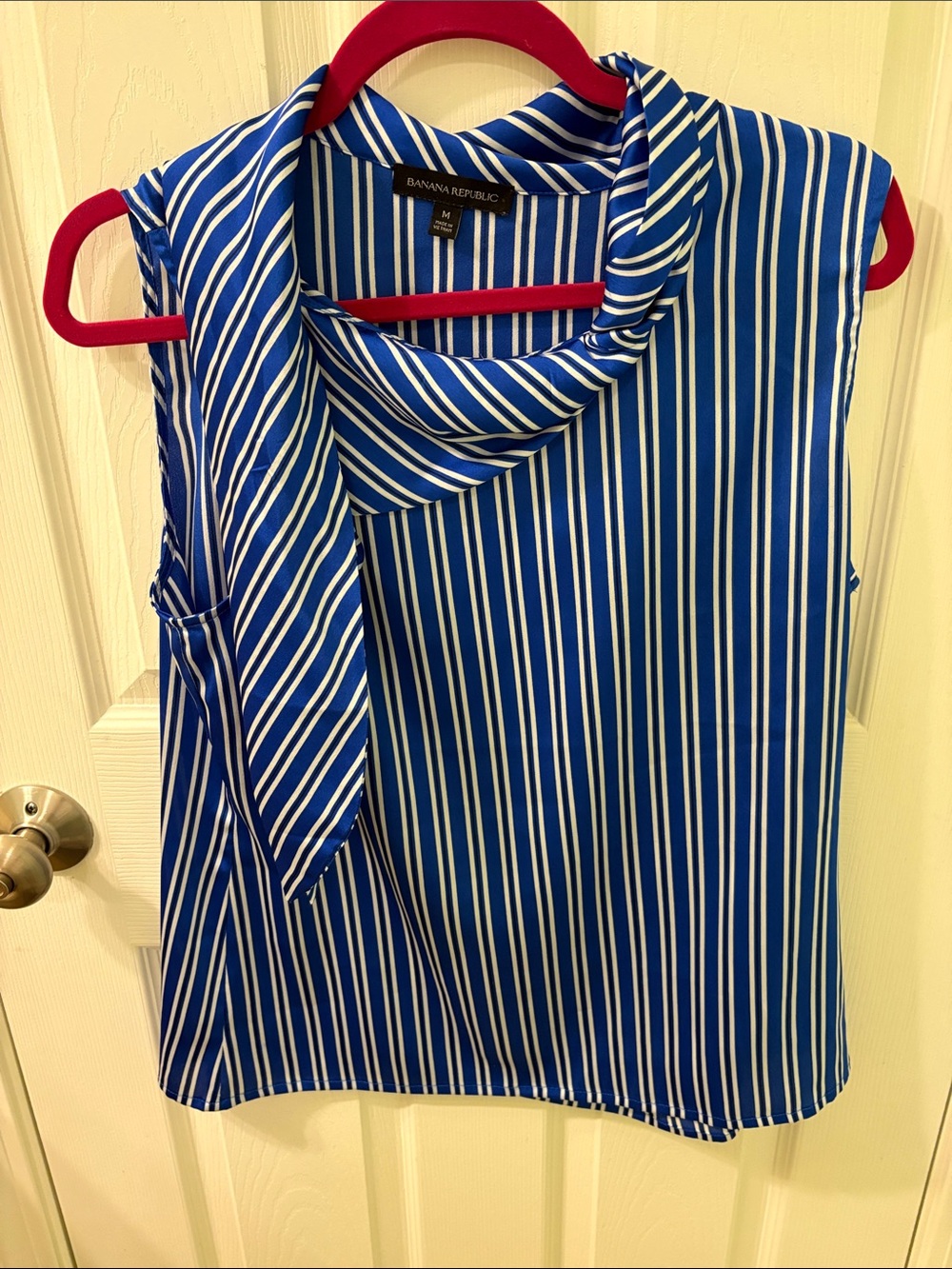 Banana Republic Royal Blue and White Striped Tie-Neck Sleeveless Blouse